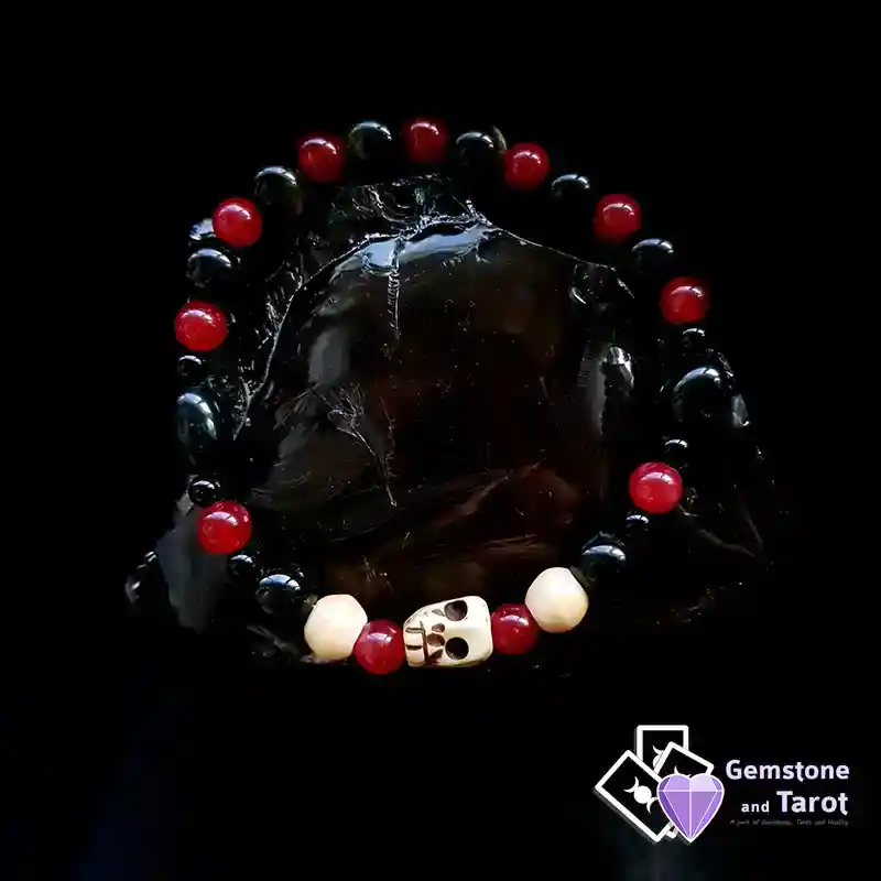 Ox-Bone Skull Bracelet - Red Agate and Obsidian