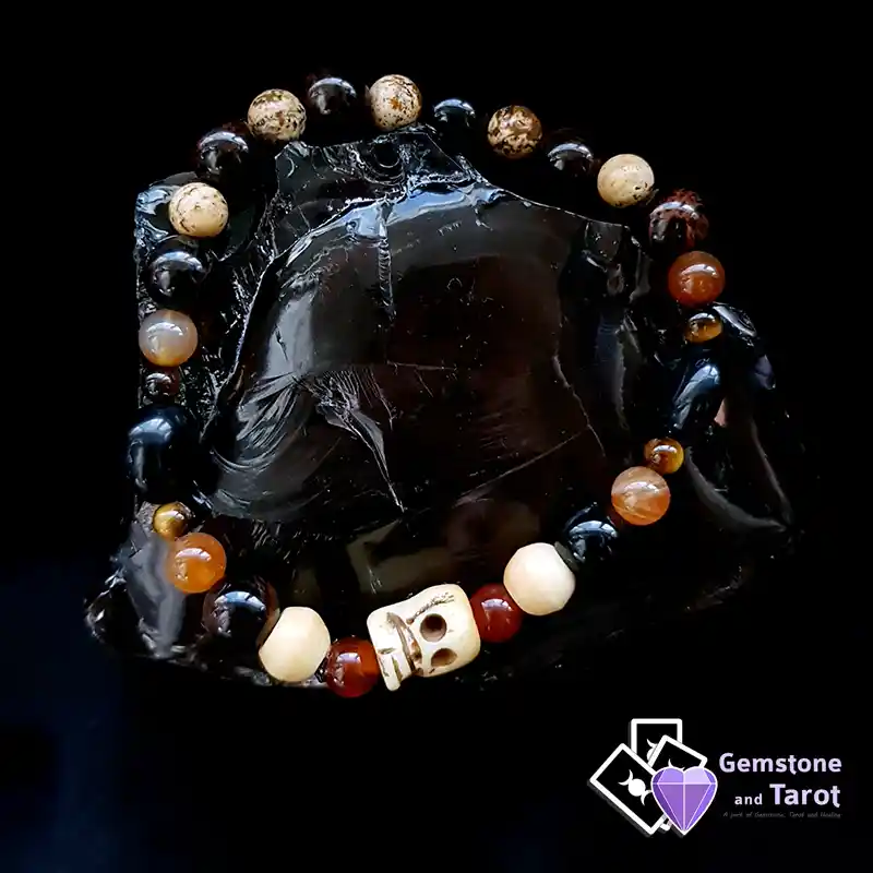 Ox-Bone Skull Bracelet - Carnelian, Obsidian, Picture Jasper, Tiger's Eye