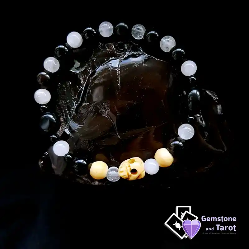 Ox-Bone Skull Bracelet - Clear Quartz and Obsidian