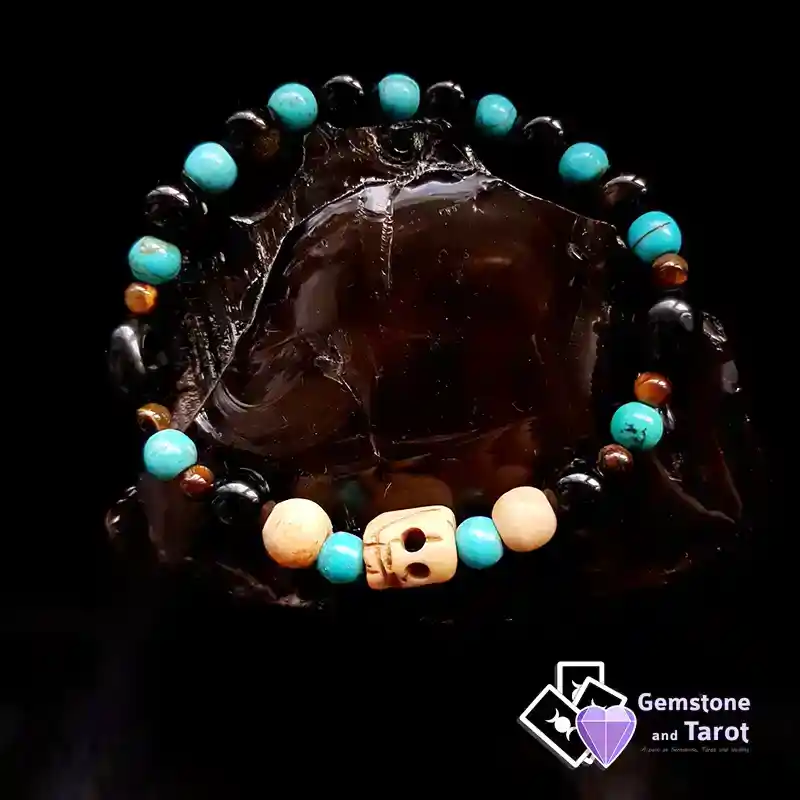 Ox-Bone Skull Bracelet - Obsidian, Howlite, Tiger's Eye