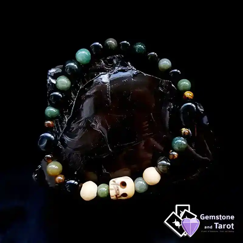 Ox-Bone Skull Bracelet - Obsidian, Fancy Jasper, Tiger's Eye