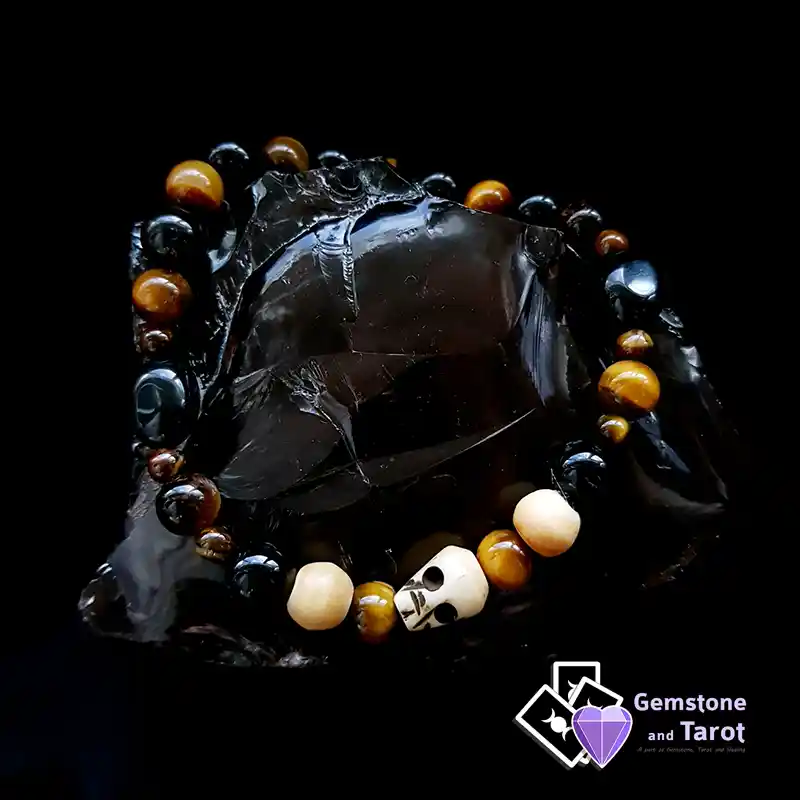 Ox-Bone Skull Bracelet - Obsidian, Tiger's Eye